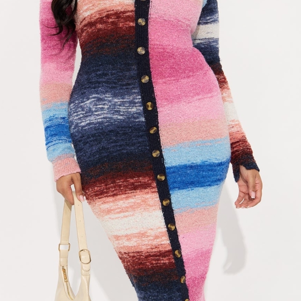 Fashion Nova Colorful Knit Long Sleeve Dress